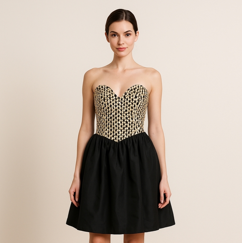 Jessica McClintock Vintage Gunne Sax Gold Sequin Bustier Ruffle Dress